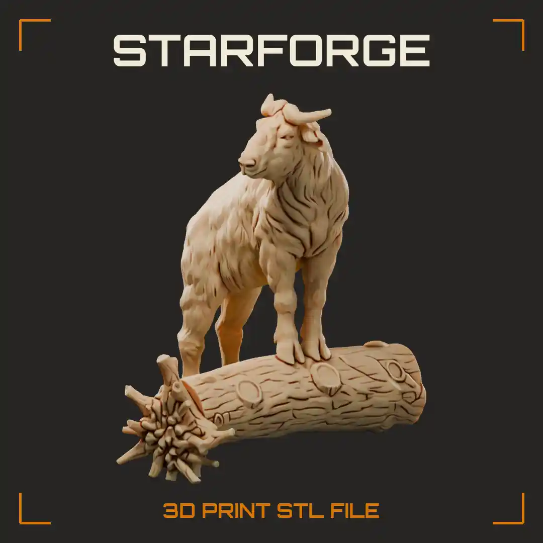 Golden Takin Standing on Log with Golden Coat Arched Horns and Broad Roman Nose