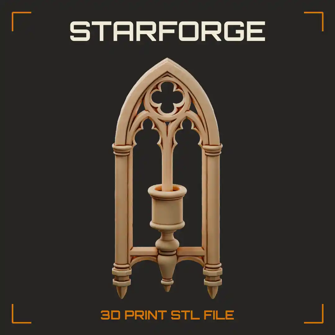 Gothic Arched Window Candle Holder with Pointed Tracery Rose Window and Stone Ledge