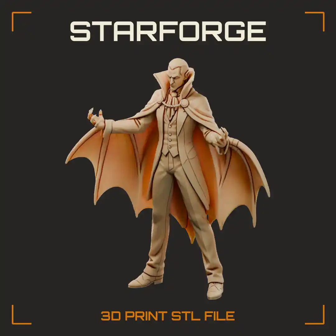 Gothic Vampire Count in Tailcoat with Spread Bat-Wing Cloak and Clawed Hands - 3D Printable STL File