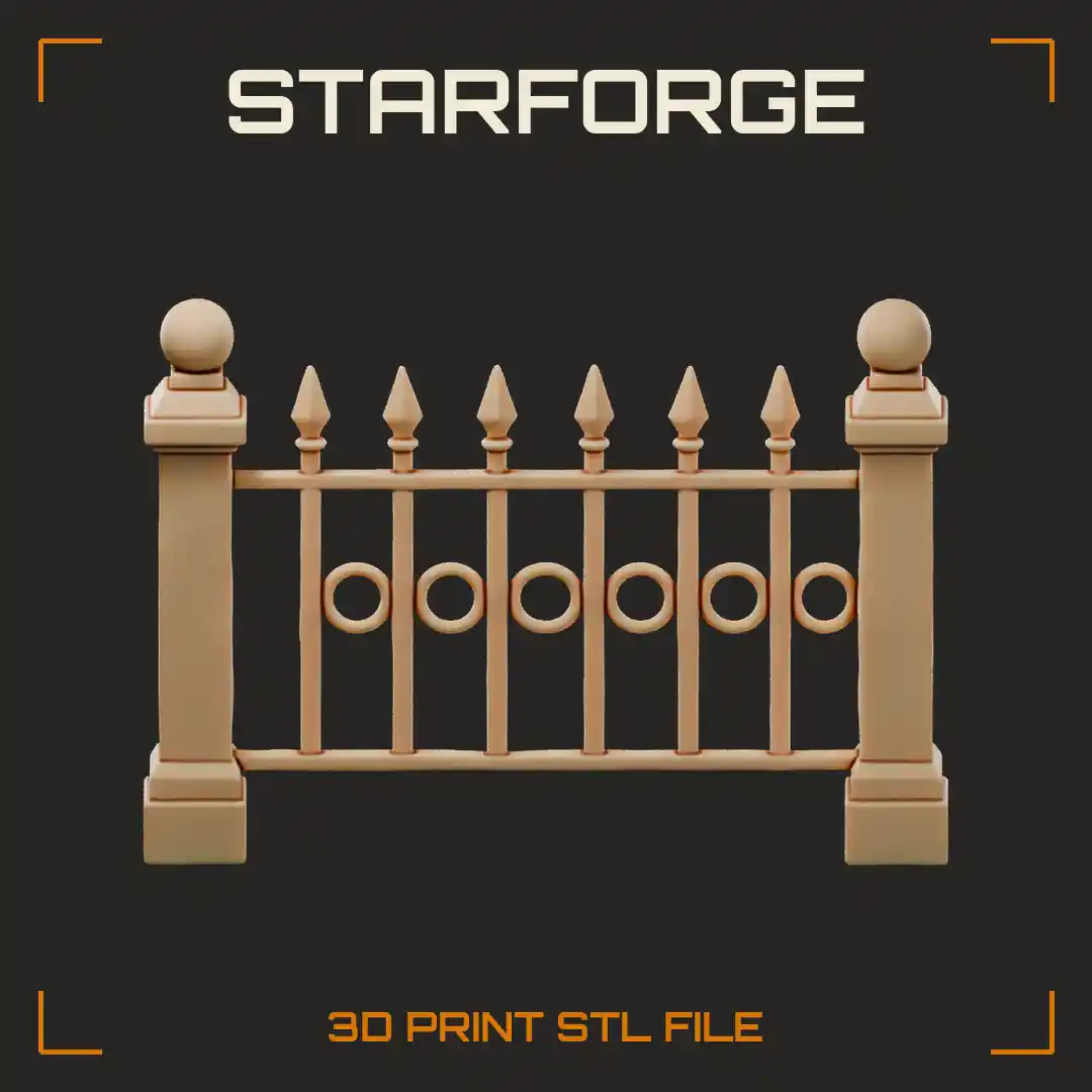 Graveyard Fence Section with Iron Pickets Spear Tips Stone Posts and Rail Bars