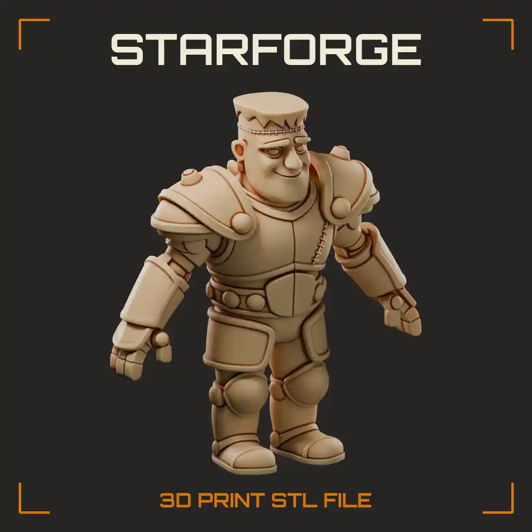 Grinning Frankenstein Monster in Riveted Plate Armor Suit with Stitched Flat Head