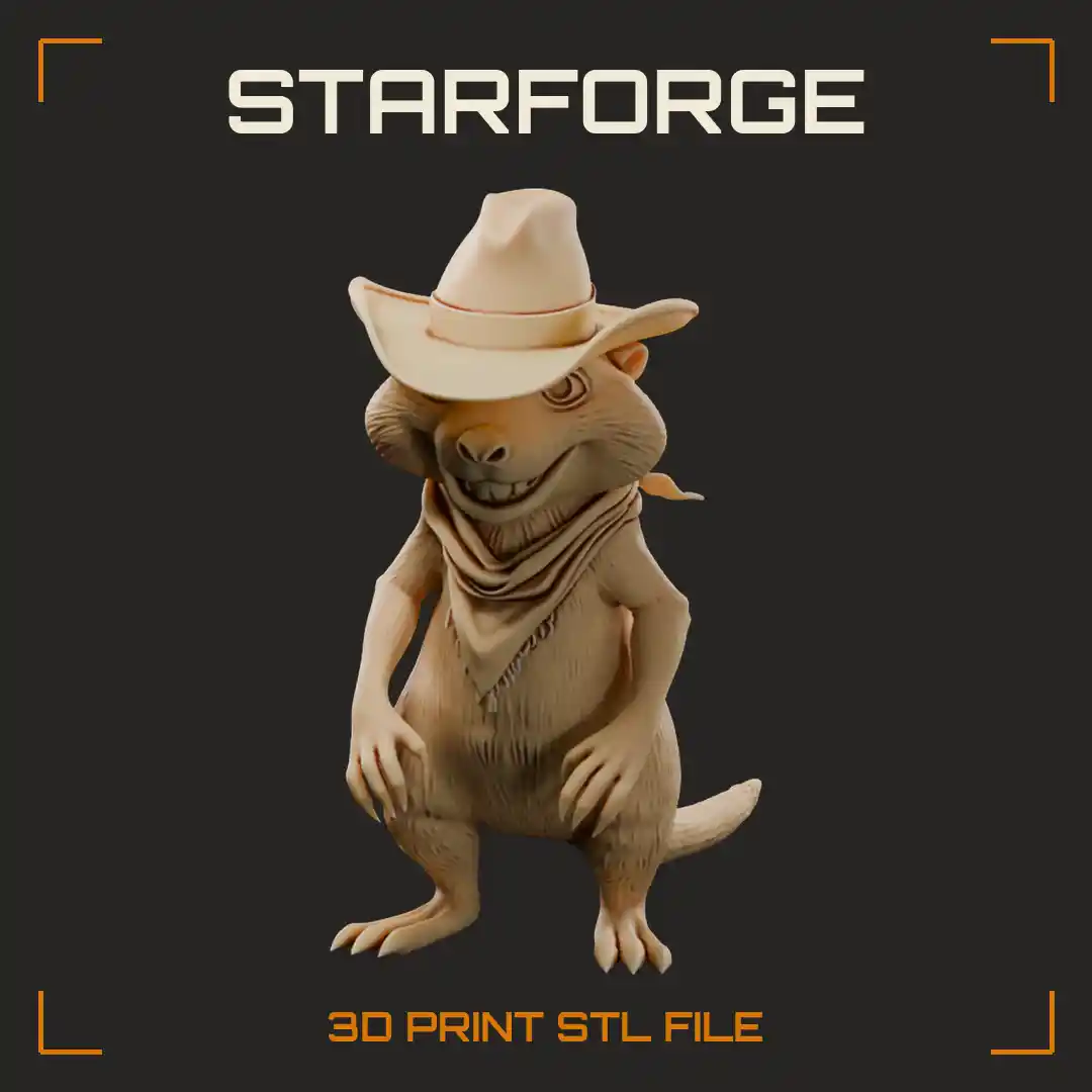 Grinning Prairie Dog Outlaw in Cowboy Hat and Knotted Bandana with Long Tail - 3D Printable STL File