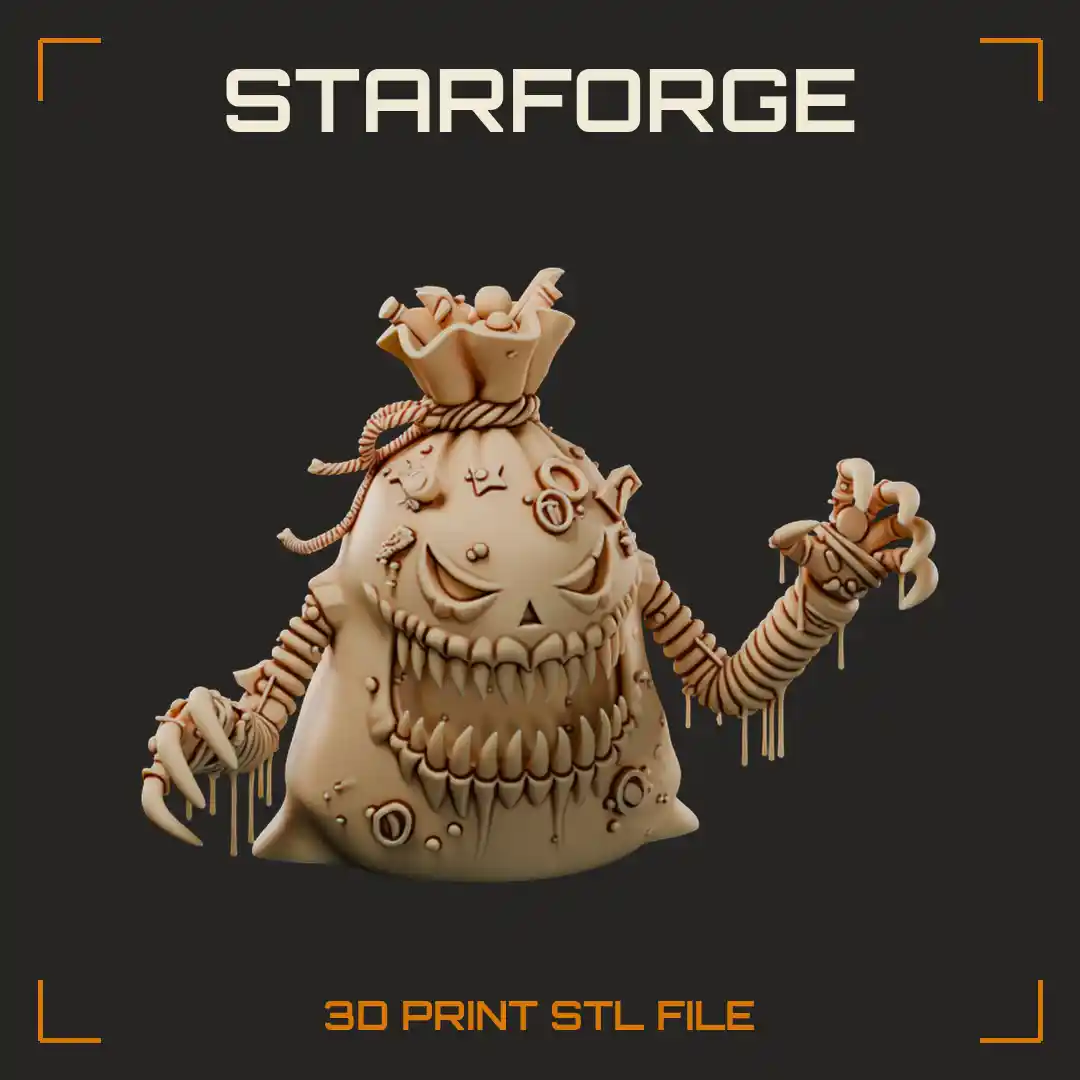 Grinning Sack Mimic Monster with Fanged Maw Rope-Tied Top and Clawed Skeletal Arms - 3D Printable STL File