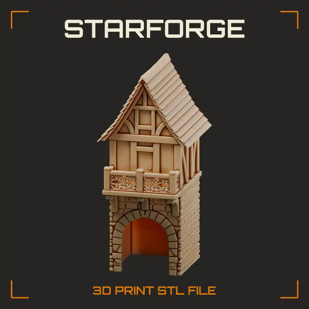 Half-Timbered Gatehouse Tower with Carved Balcony Stone Archway and Steep Tiled Roof