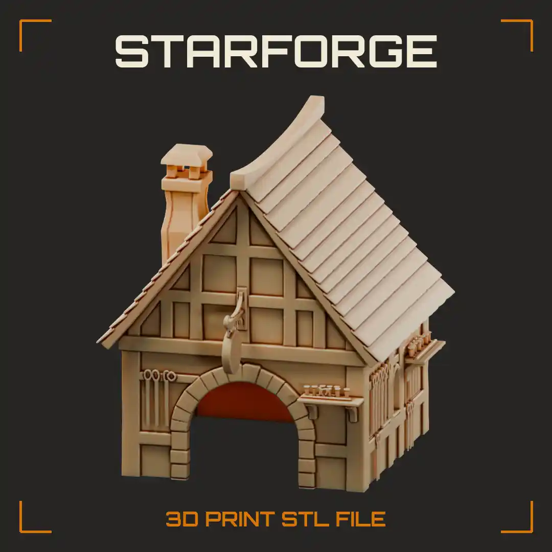 Half-Timbered Medieval Shop with Arched Doorway Hanging Sign and Brick Chimney