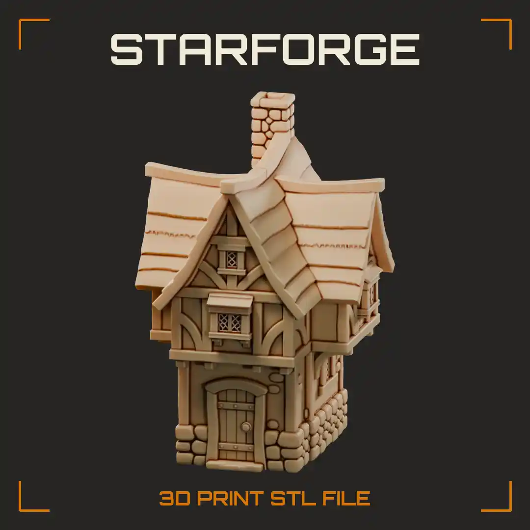 Half-Timbered Medieval Tavern with Curved Shingle Roof Brick Chimney and Stone Foundation