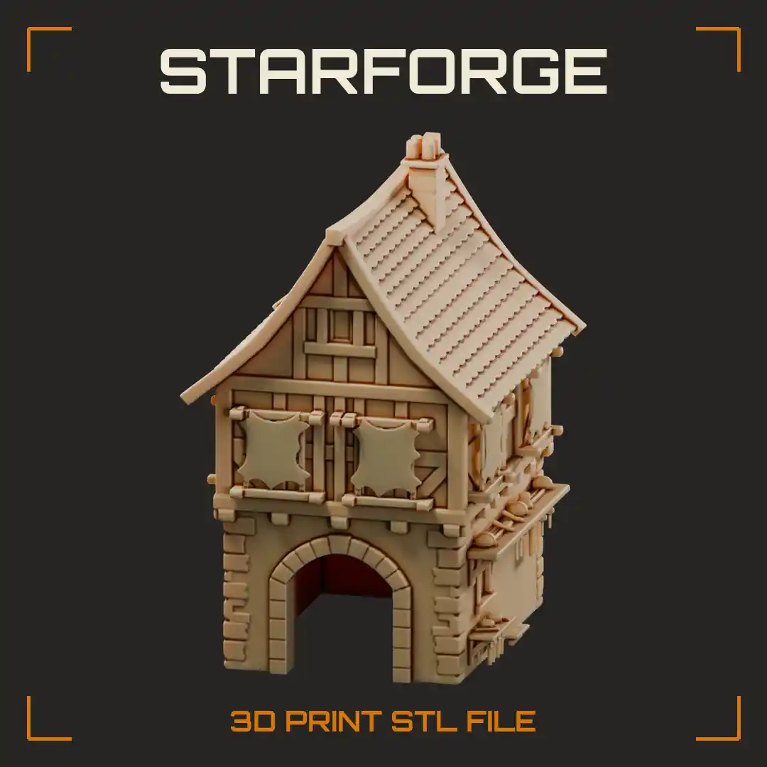 Half-Timbered Medieval Townhouse with Arched Stone Gateway Tiled Roof and Chimney