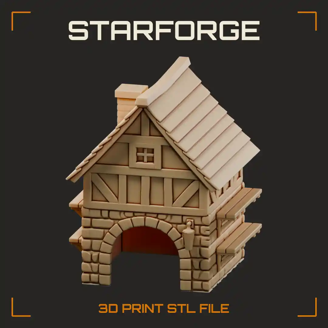 Half-Timbered Stone Cottage Pet Hide with Arched Doorway Plank Roof and Chimney