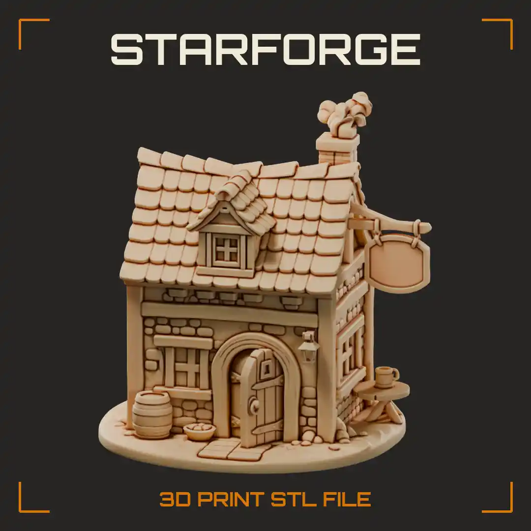 Half-Timbered Stone Tavern with Hanging Sign Dormer Window Arched Door and Smoking Chimney