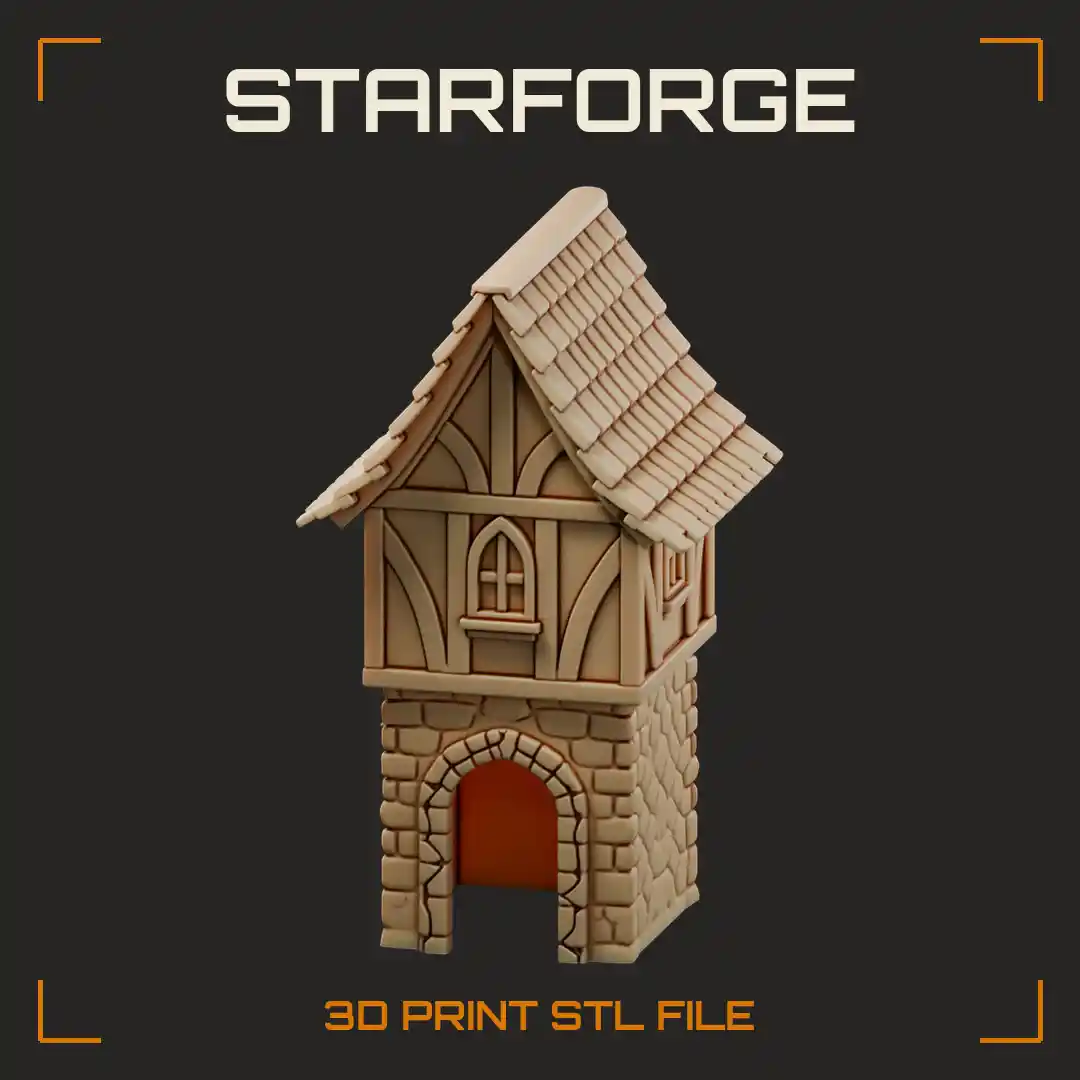 Half-Timbered Tower House with Arched Stone Doorway and Steep Shingled Roof