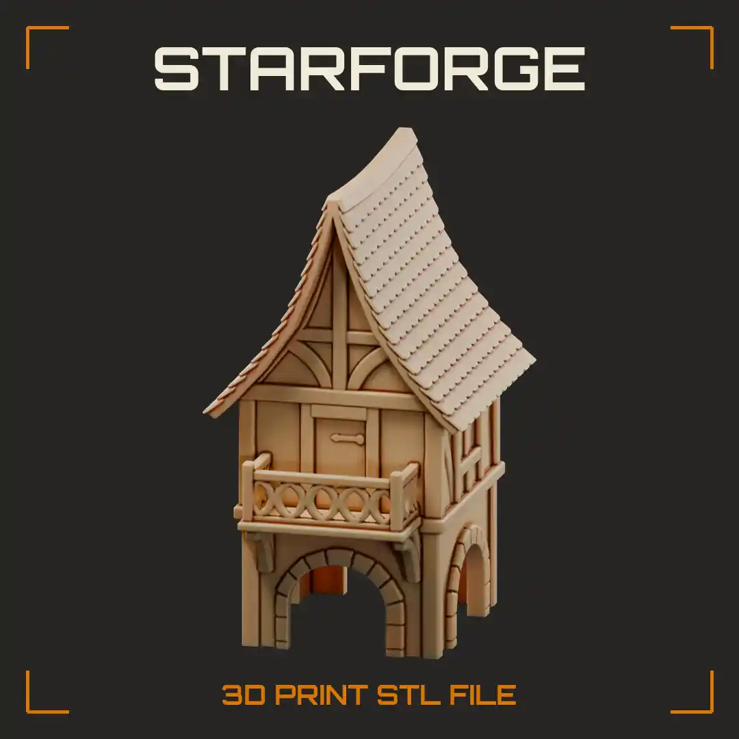 Half-Timbered Tower House with Curved Shingle Roof Carved Balcony and Arched Stone Base