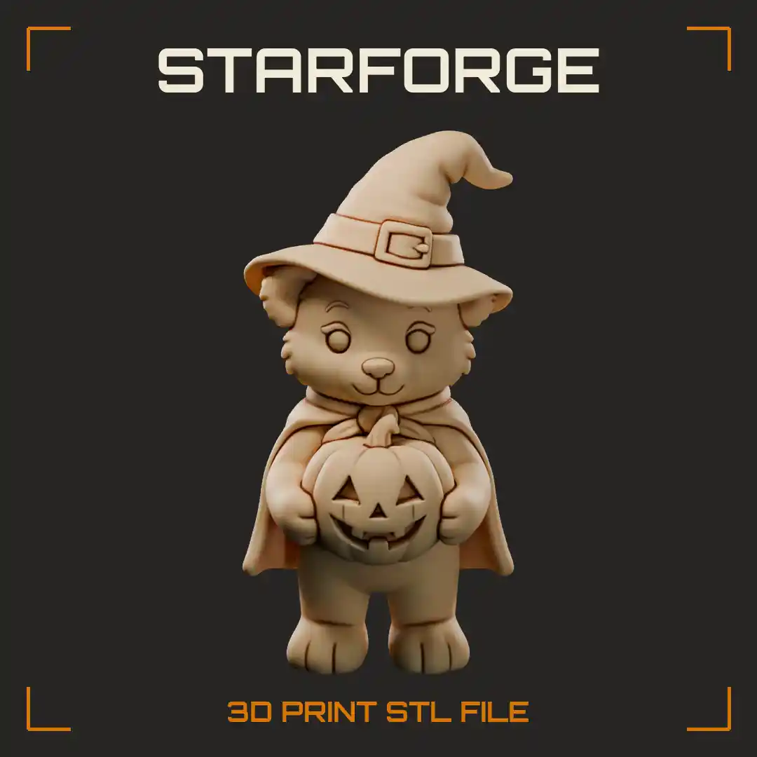 Halloween Bear Sitting and Holding Carved Pumpkin with Round Ears