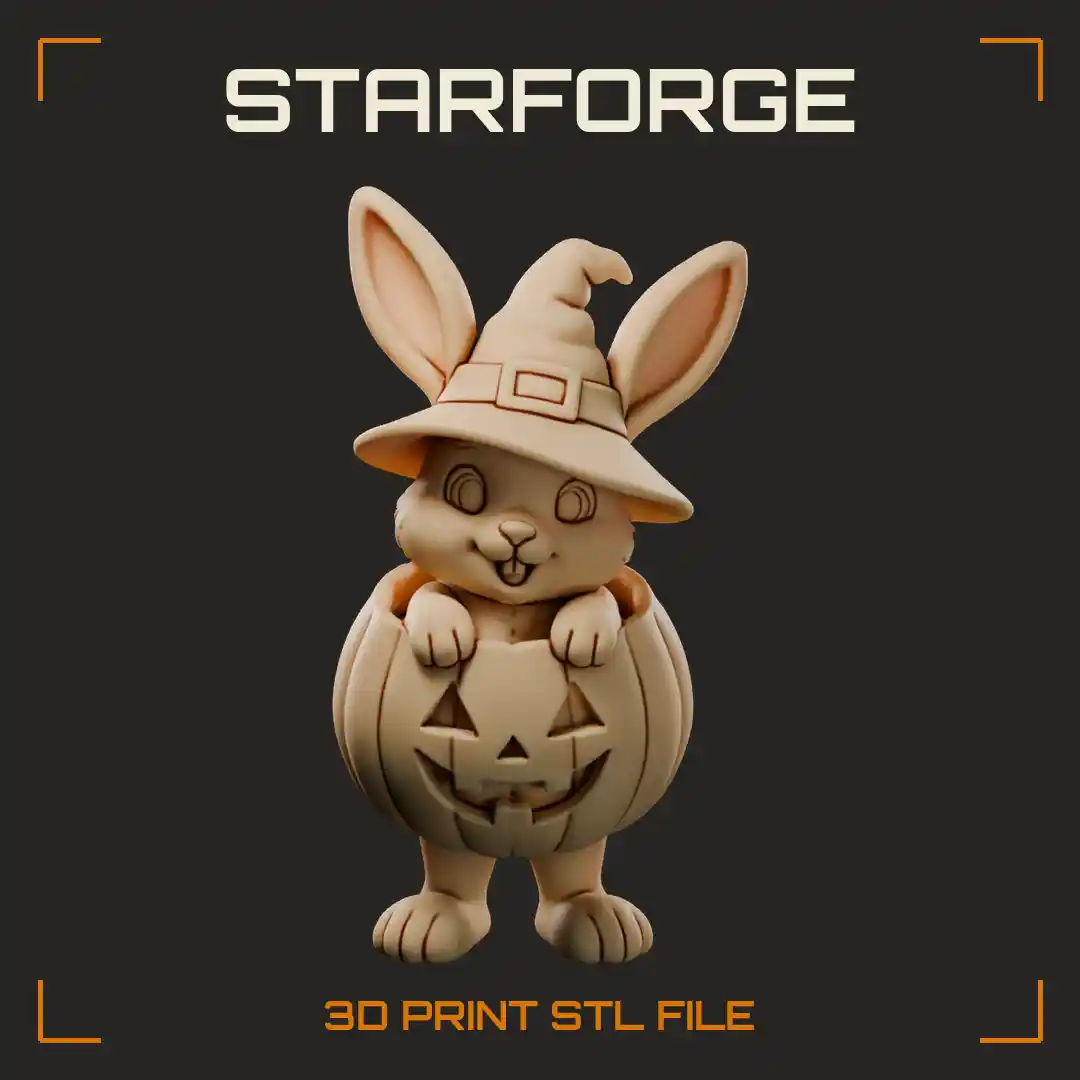 Halloween Bunny Sitting in Carved Pumpkin with Long Ears