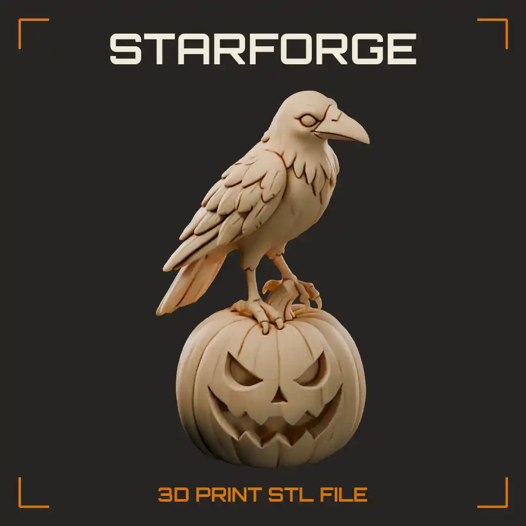 Halloween Crow Perched On Ribbed Pumpkin With Spread Tail Feathers