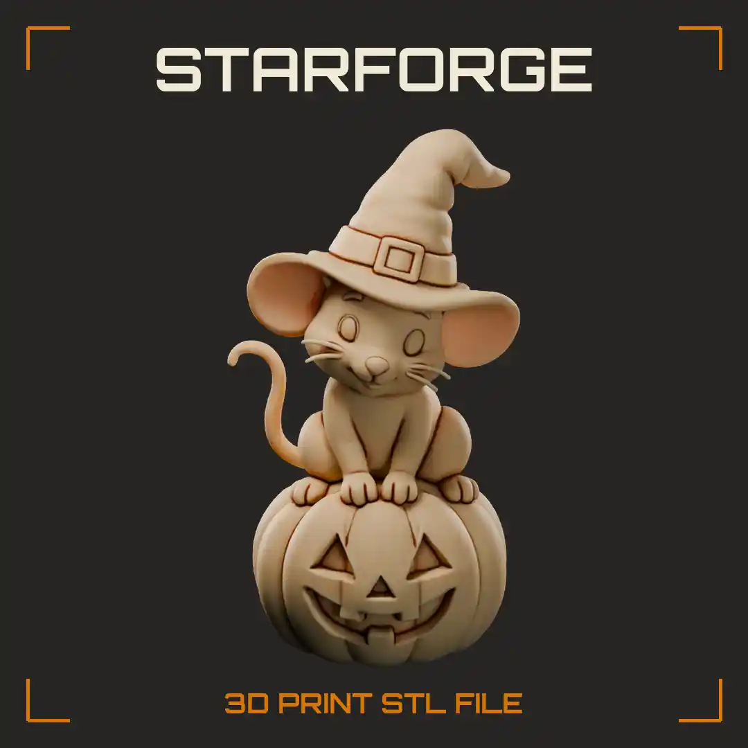 Halloween Mouse Sitting On Ribbed Pumpkin Holding The Curled Stem