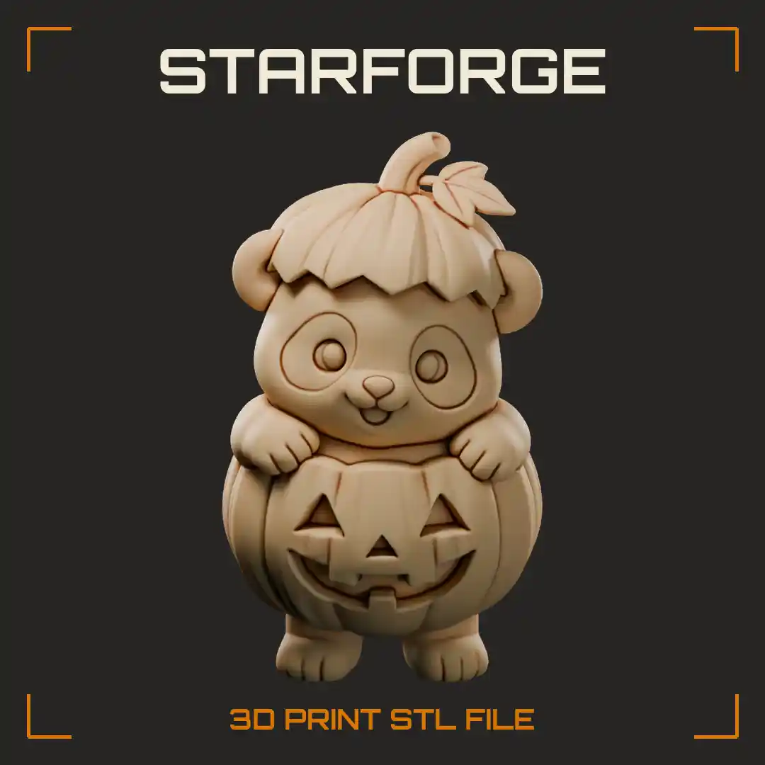 Halloween Panda Sitting in Carved Pumpkin with Round Ears