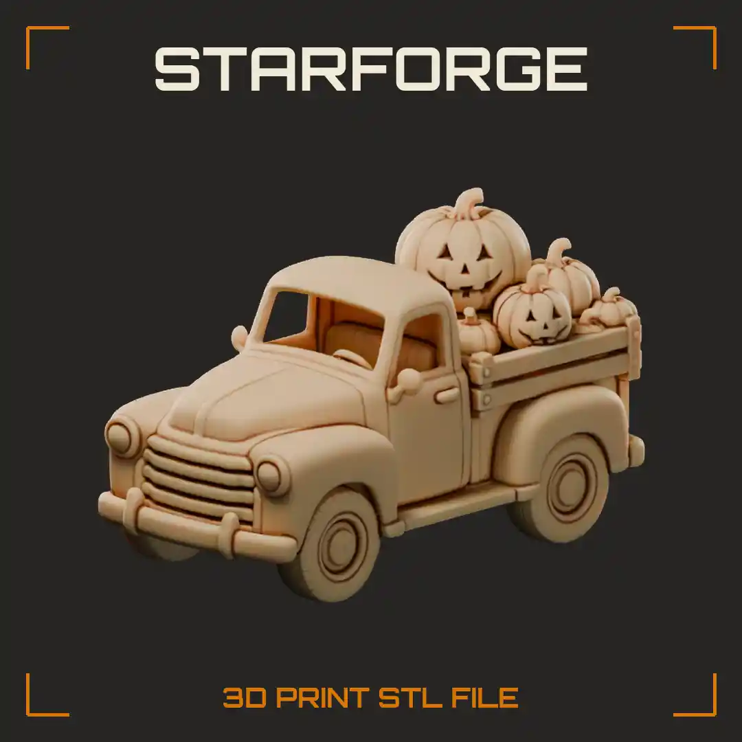 Halloween Pickup Truck with Pumpkins in Bed Round Fenders Grille and Headlights