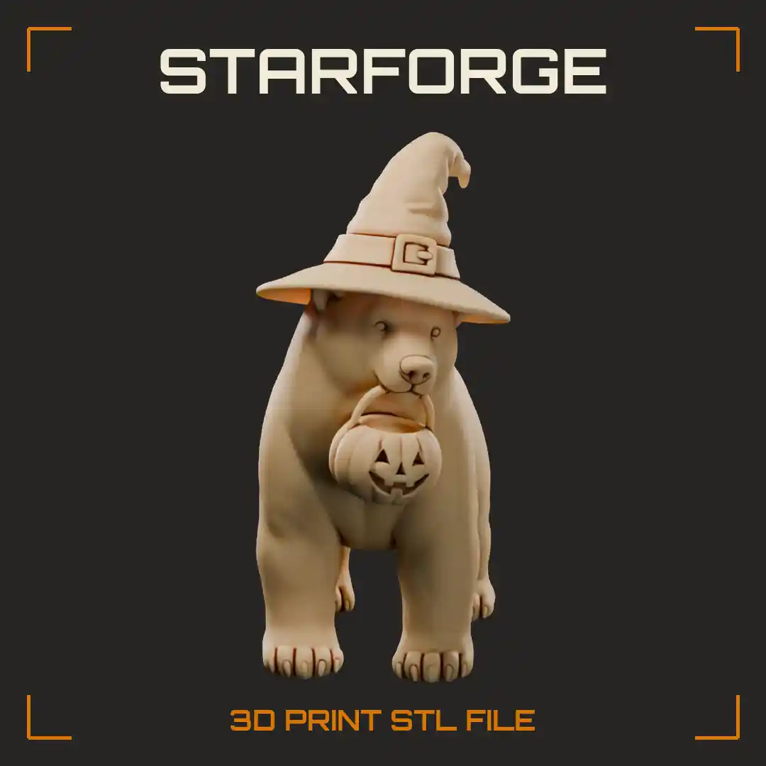 Halloween Polar Bear Figurine Wearing Pointed Witch Hat With Thick Fur And Paws