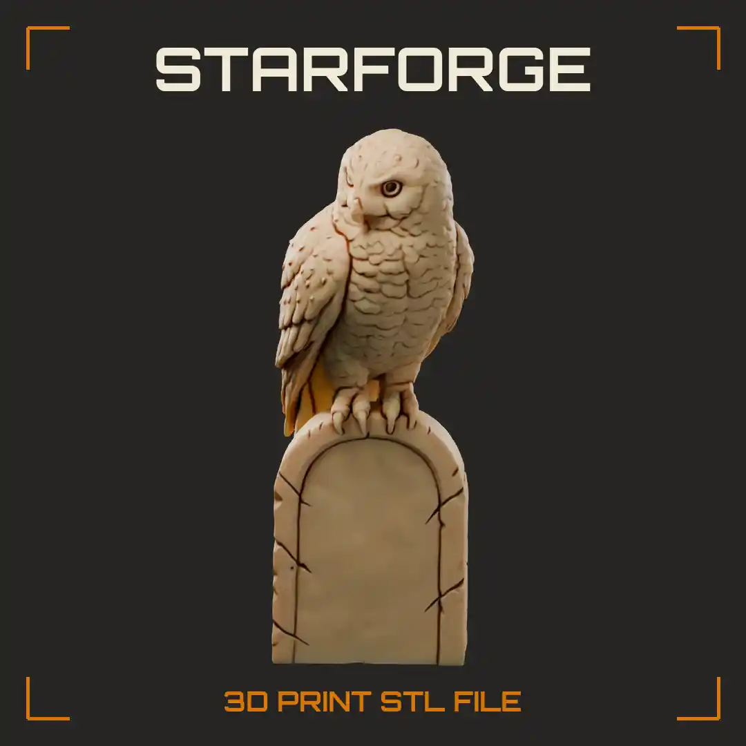 Halloween Snowy Owl Perched On Cracked Tombstone With Folded Feathered Wings