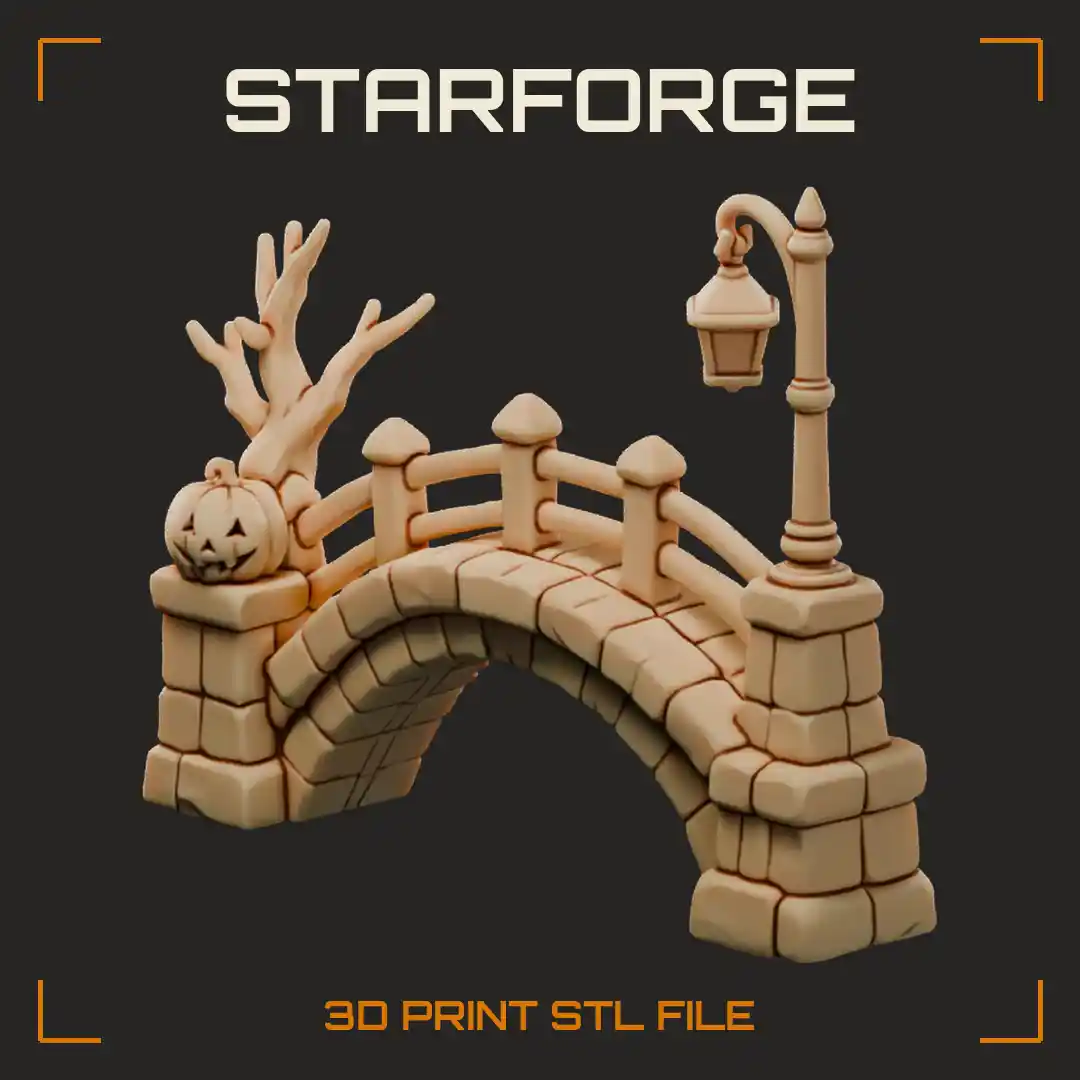 Halloween Village Bridge with Iron Lamp Stone Arch and Railing