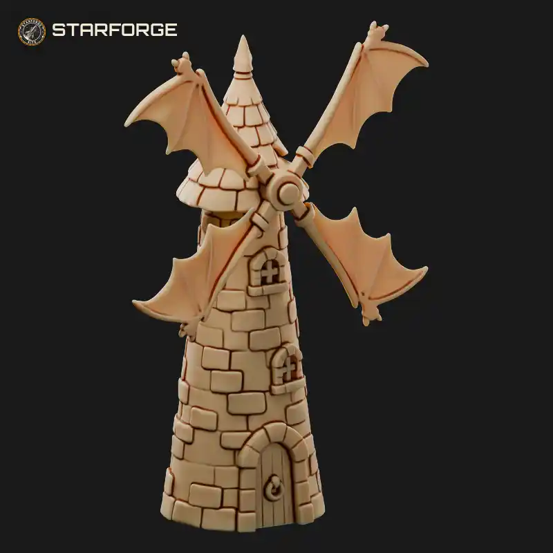 Halloween Windmill with Bat Wing Sails Wooden Tower and Pumpkins
