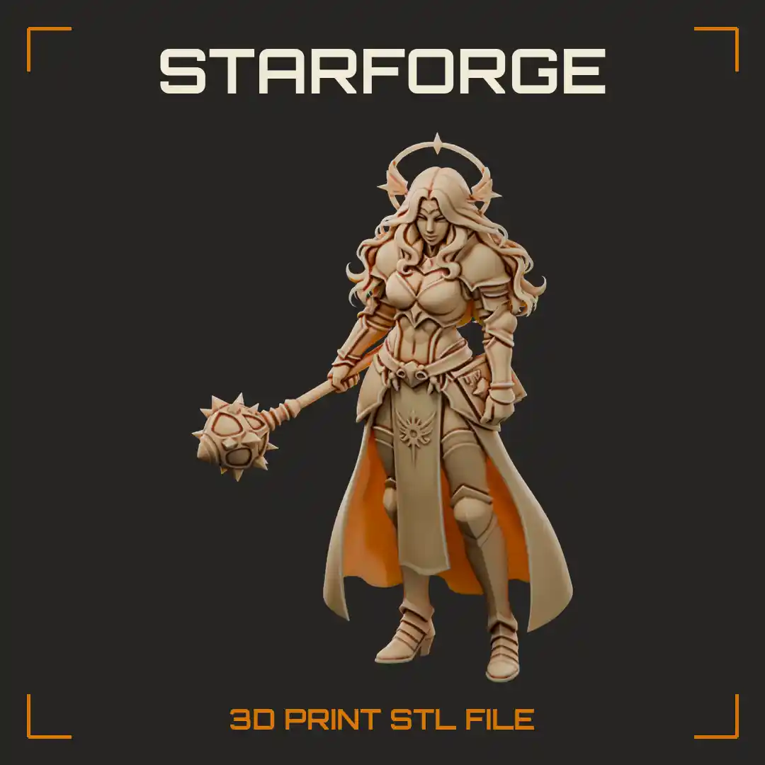 Haloed Female Cleric in Plate Armor with Spiked Flail Mace and Long Skirt