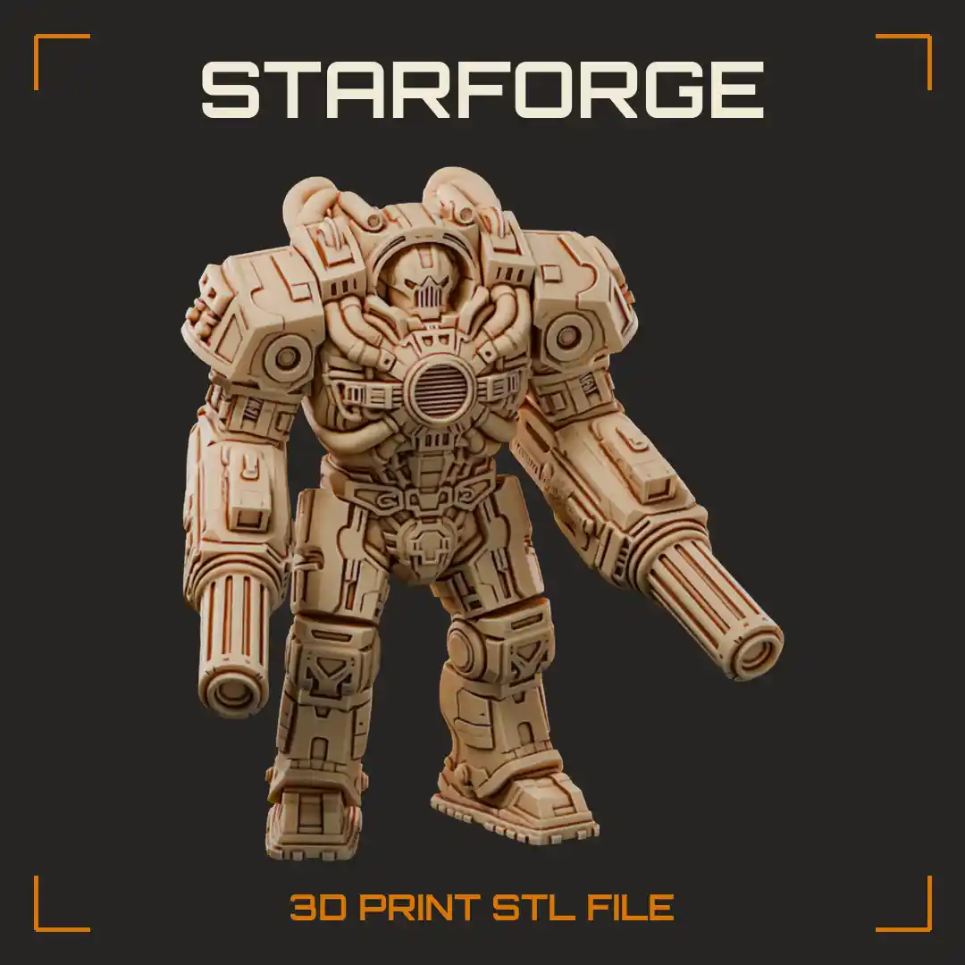 Heavy Armored Mech Suit with Dual Rotary Cannon Arms and Exposed Tubing - 3D Printable STL File