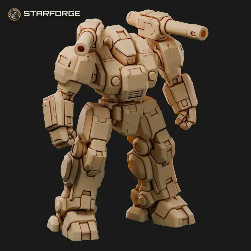 Heavy Assault War Robot with Twin Shoulder Cannons Thick Armor Plates and Wide Stance
