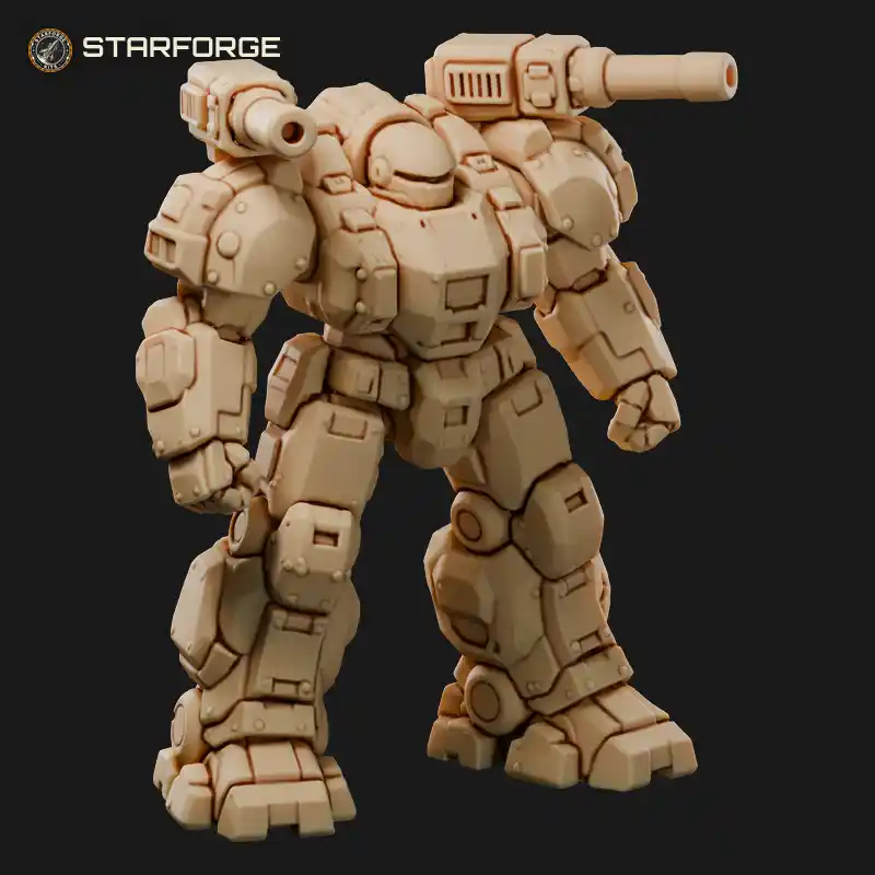 Heavy Power Armor Mech with Twin Shoulder Cannons Thick Legs and Armored Chest