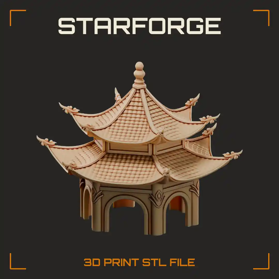 Hexagonal Two-Tier Pagoda Pavilion with Upswept Tiled Eaves and Arched Openings - 3D Printable STL File