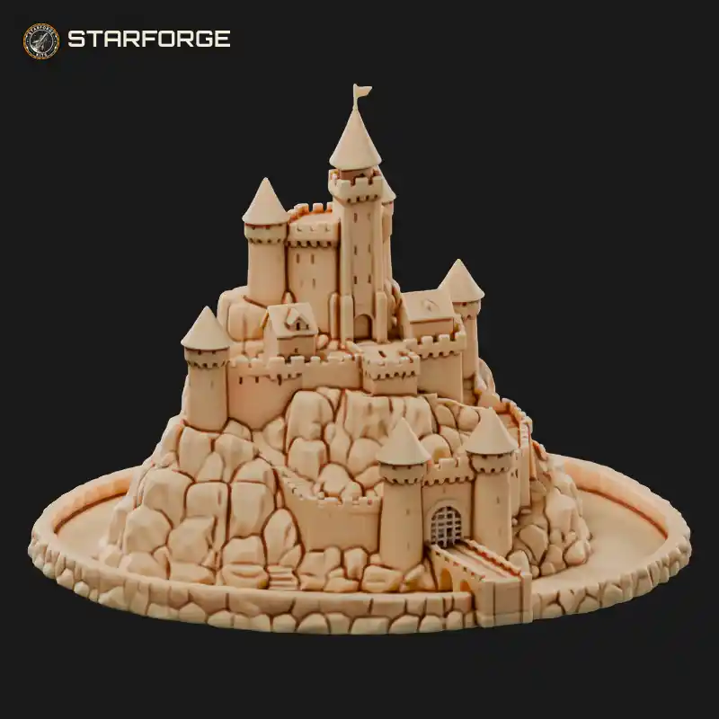 Hilltop Stone Castle with Round Towers Moat Bridge and Inner Courtyard
