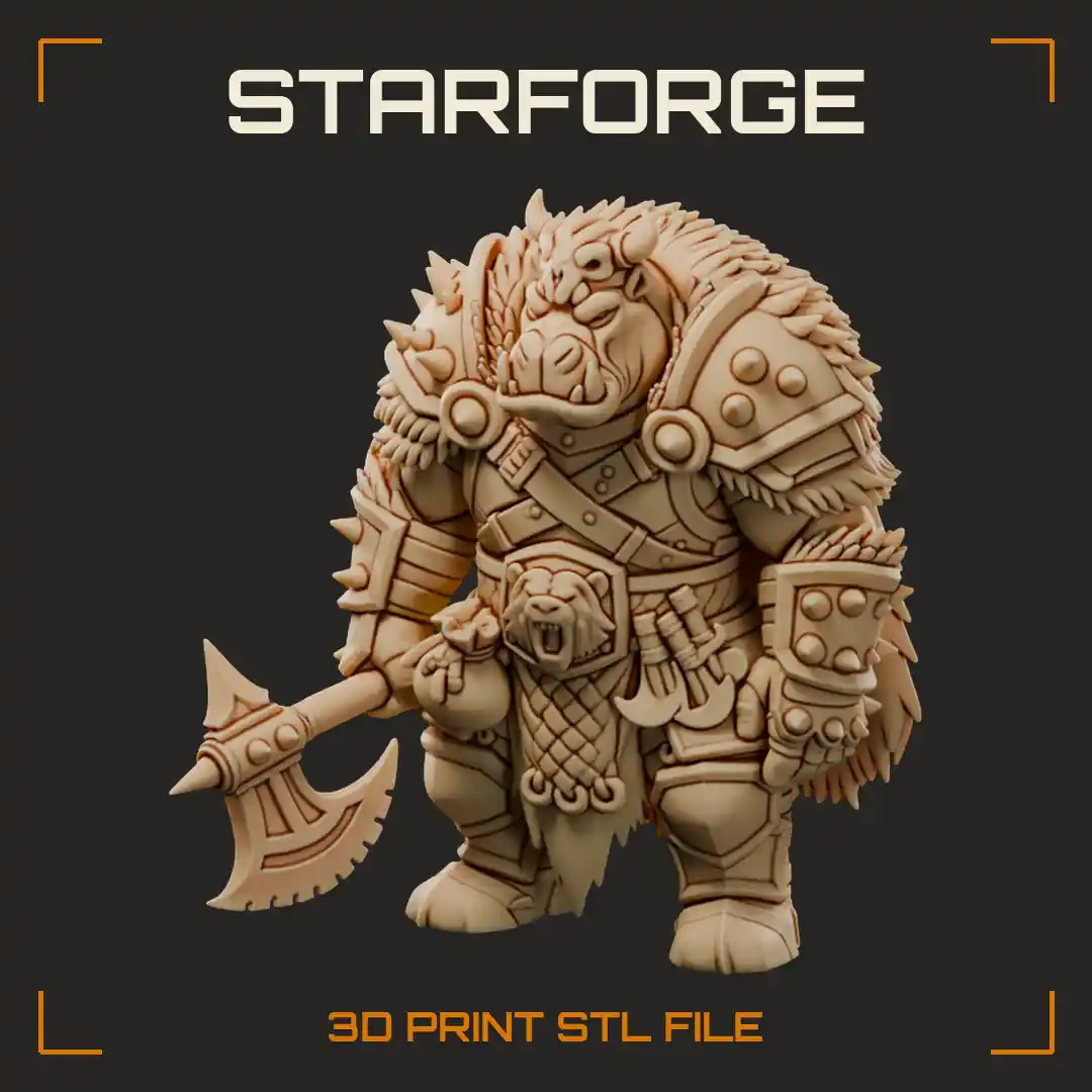Hippo-Headed Giff Barbarian in Spiked Armor with Fur Cloak and Double-Bladed Axe