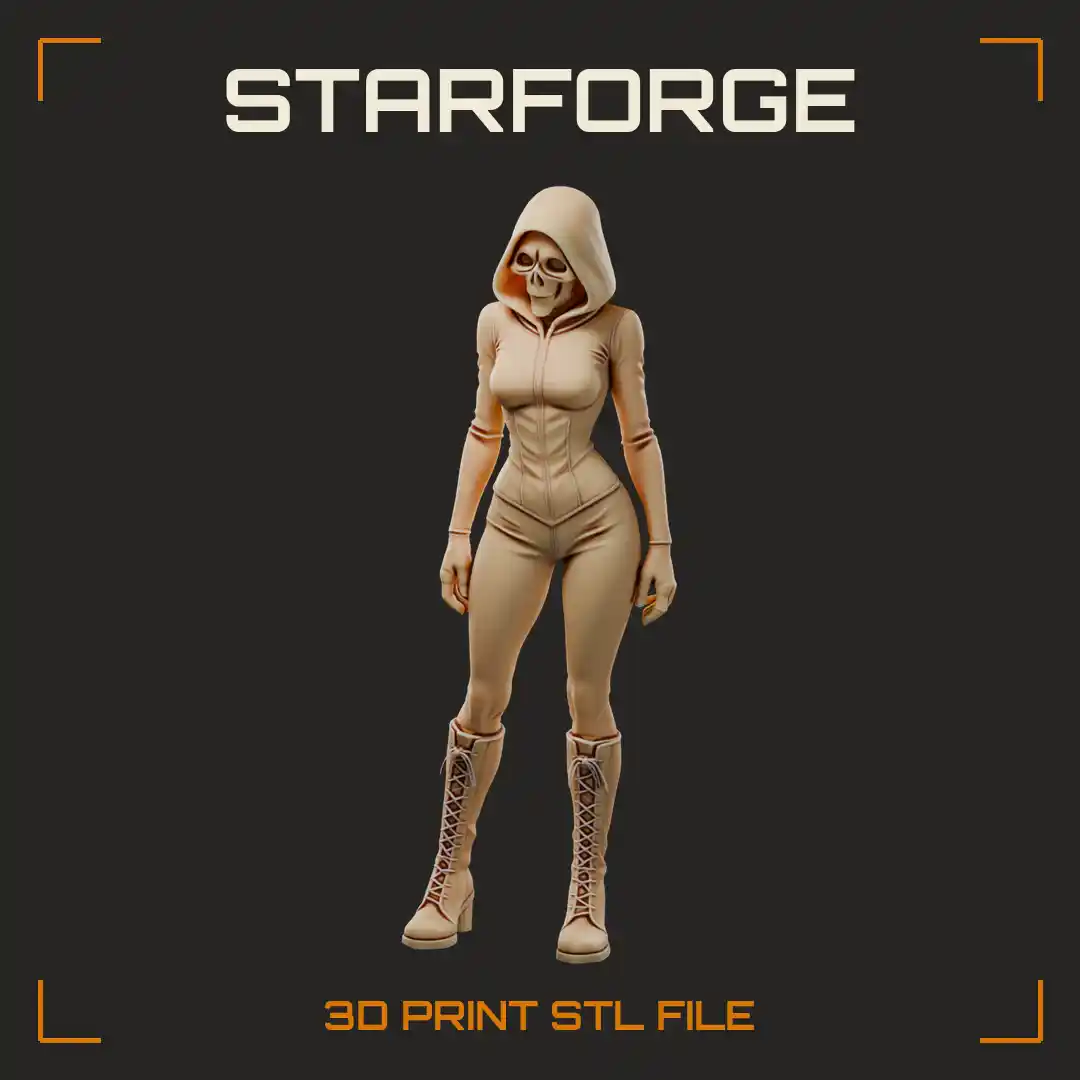 Hooded Crypt Keeper Woman with Skull Mask Laced Corset and Knee-High Lace-Up Boots - 3D Printable STL File