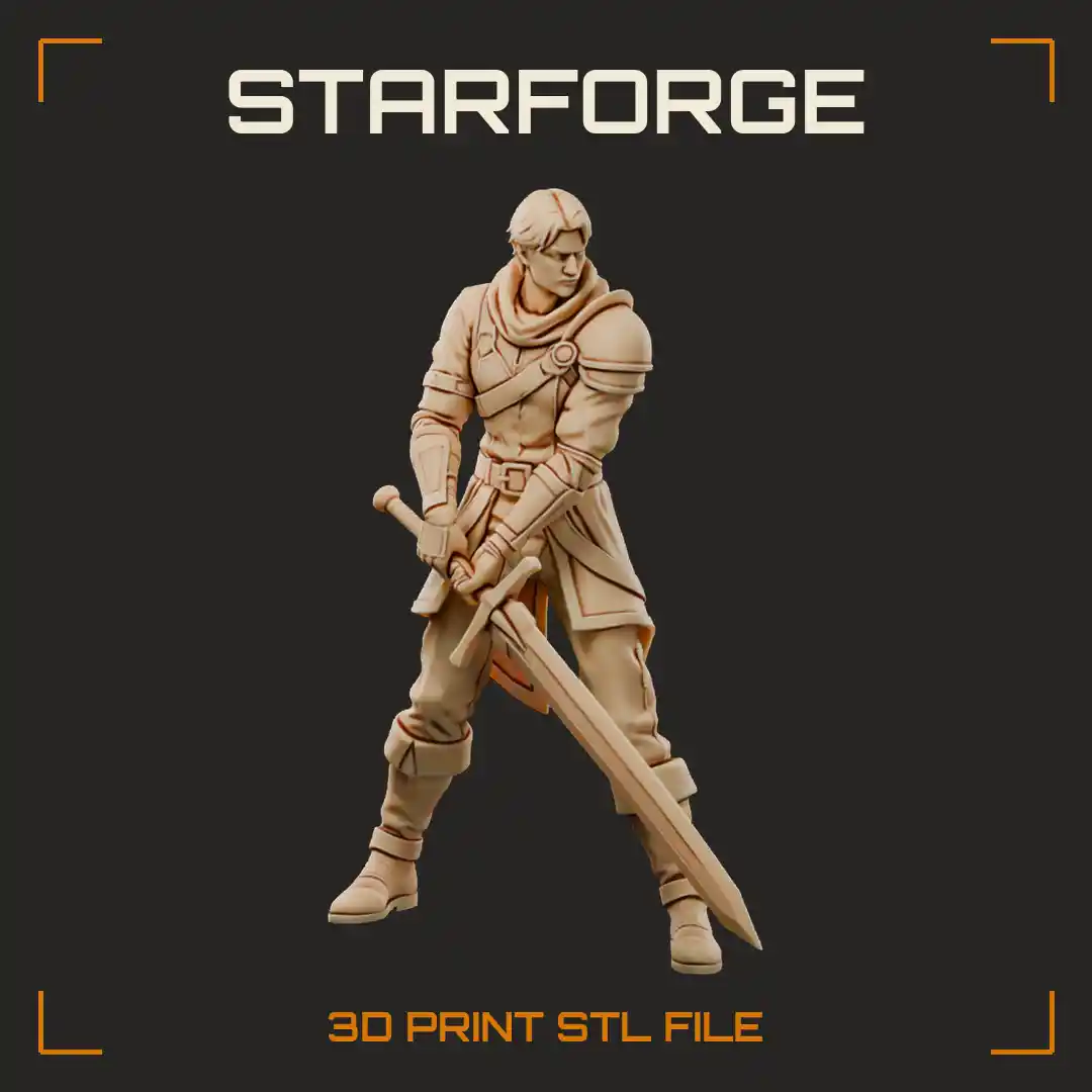 Hooded Swordsman in Long Coat with Pauldron and Bracers Gripping Two-Handed Greatsword Point-Down - 3D Printable STL File