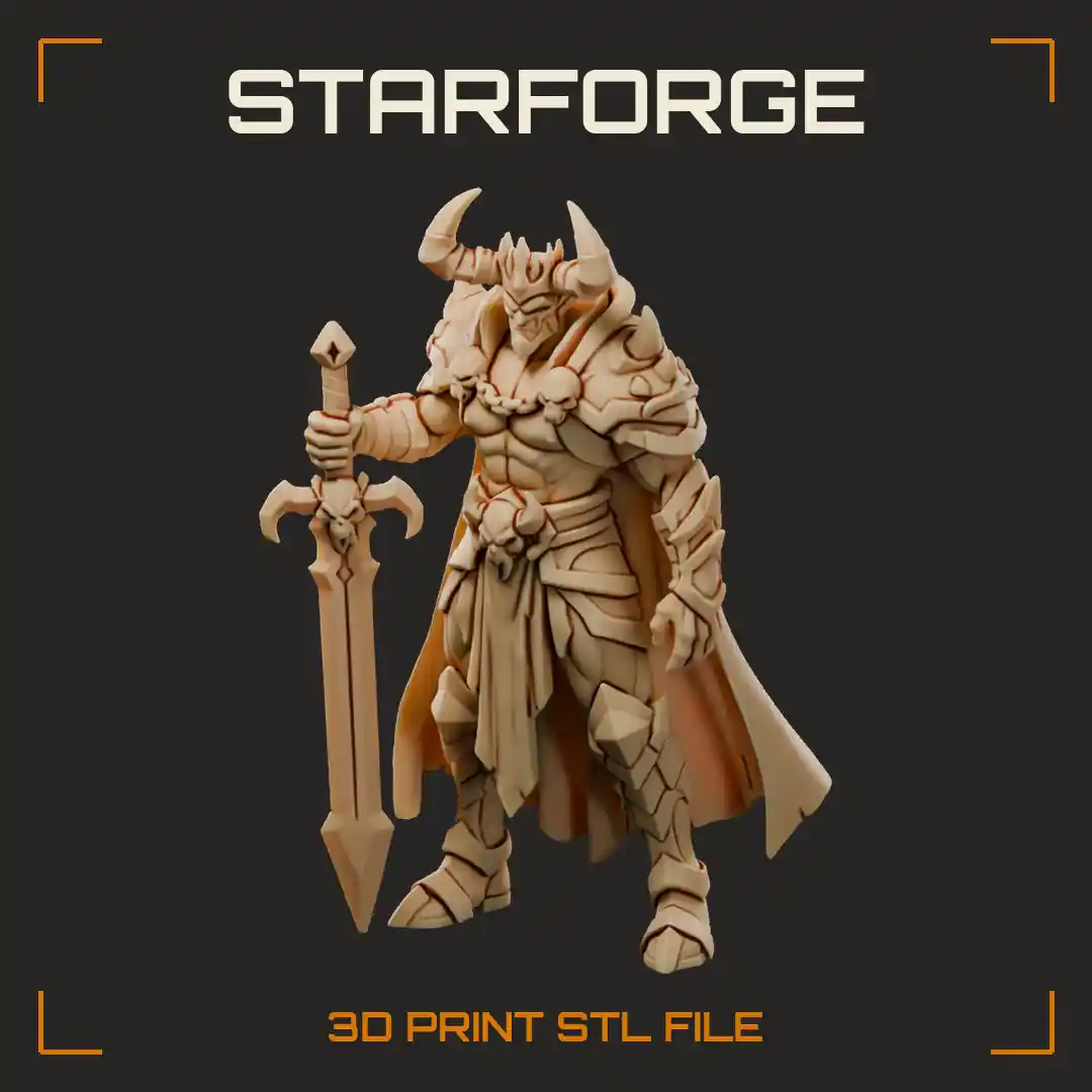 Horned Demon Lord in Spiked Plate Armor with Skull Chain Flowing Cloak and Skull-Hilted Greatsword - 3D Printable STL File