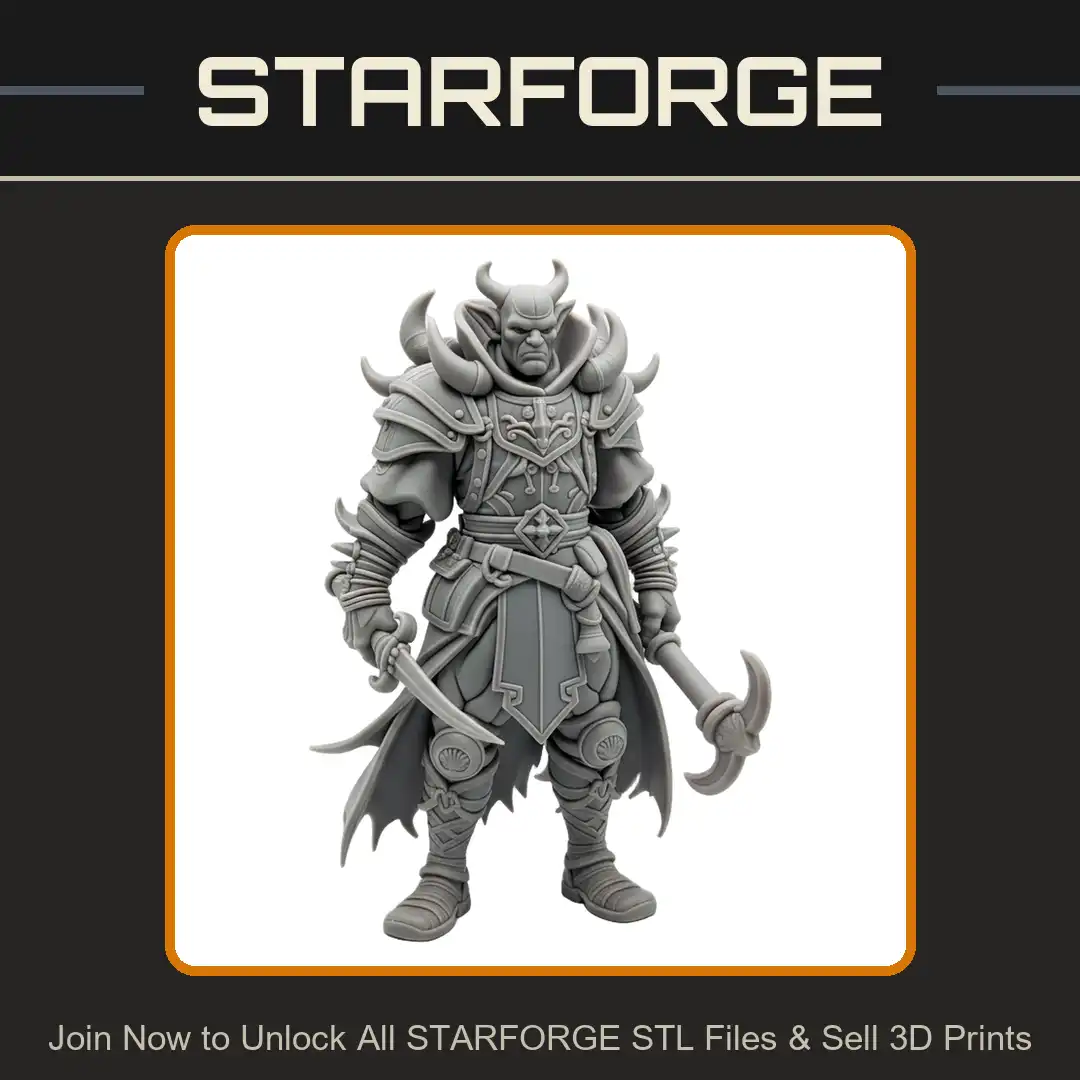 Horned Demon Warrior Champion Plate Armor Hooked Crescent Axe Scimitar Tattered Cloak - View 1 of 2