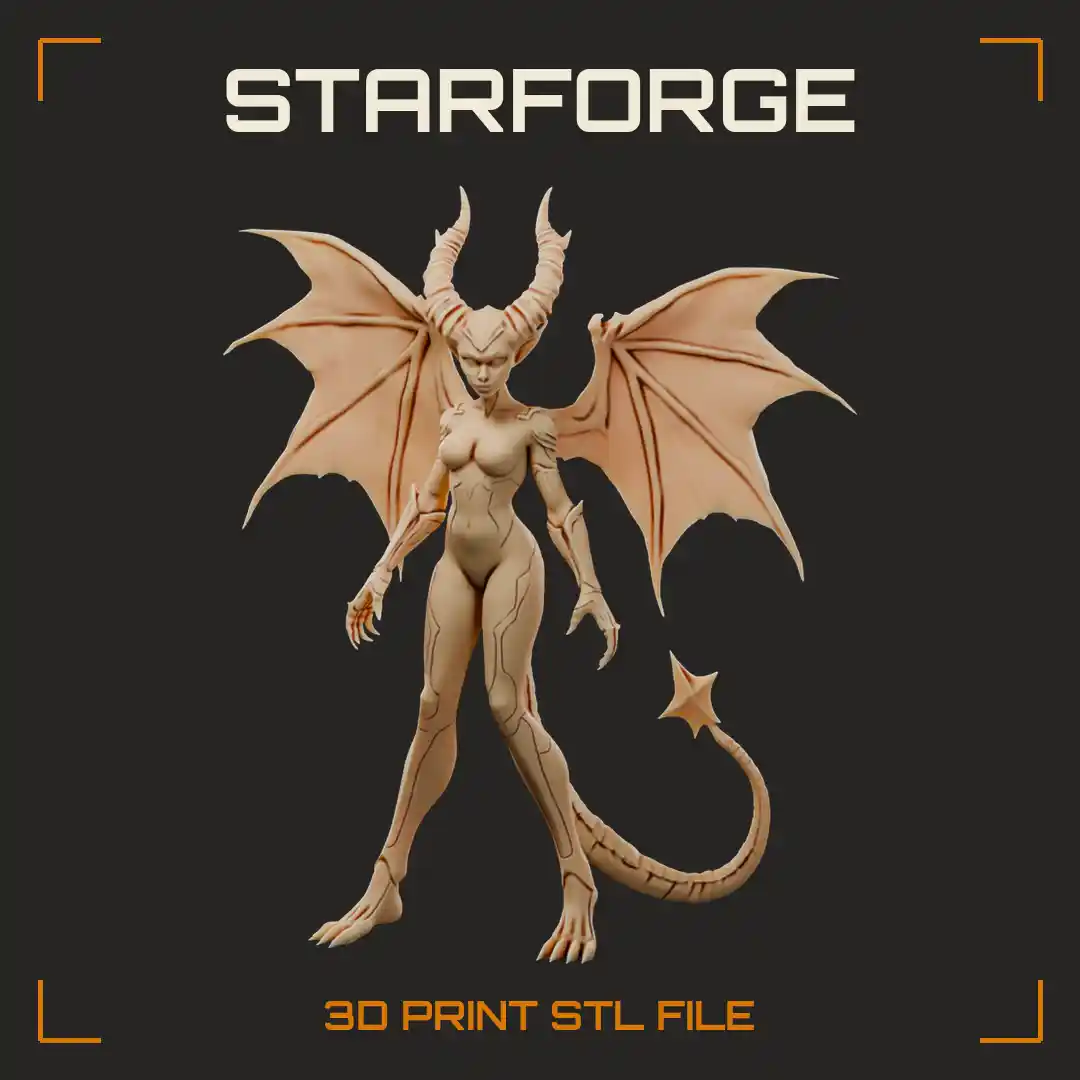Horned Gargoyle Woman with Bat Wings Curled Horns and Spiked Scaled Tail