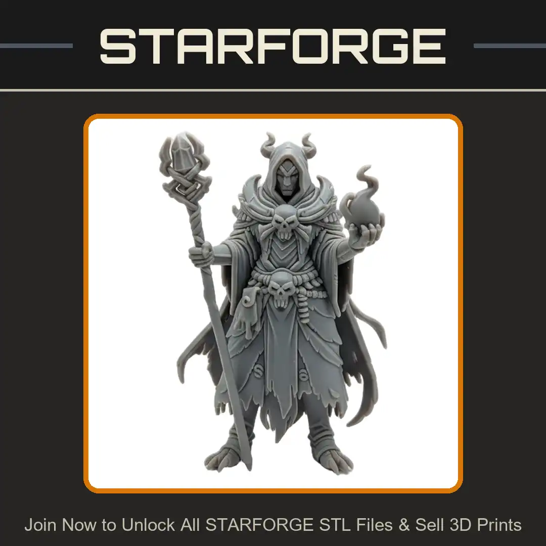 Horned Hooded Necromancer Bone Skull Armor Crystal Staff Soul Orb Tattered Robes Clawed Feet - View 1 of 2