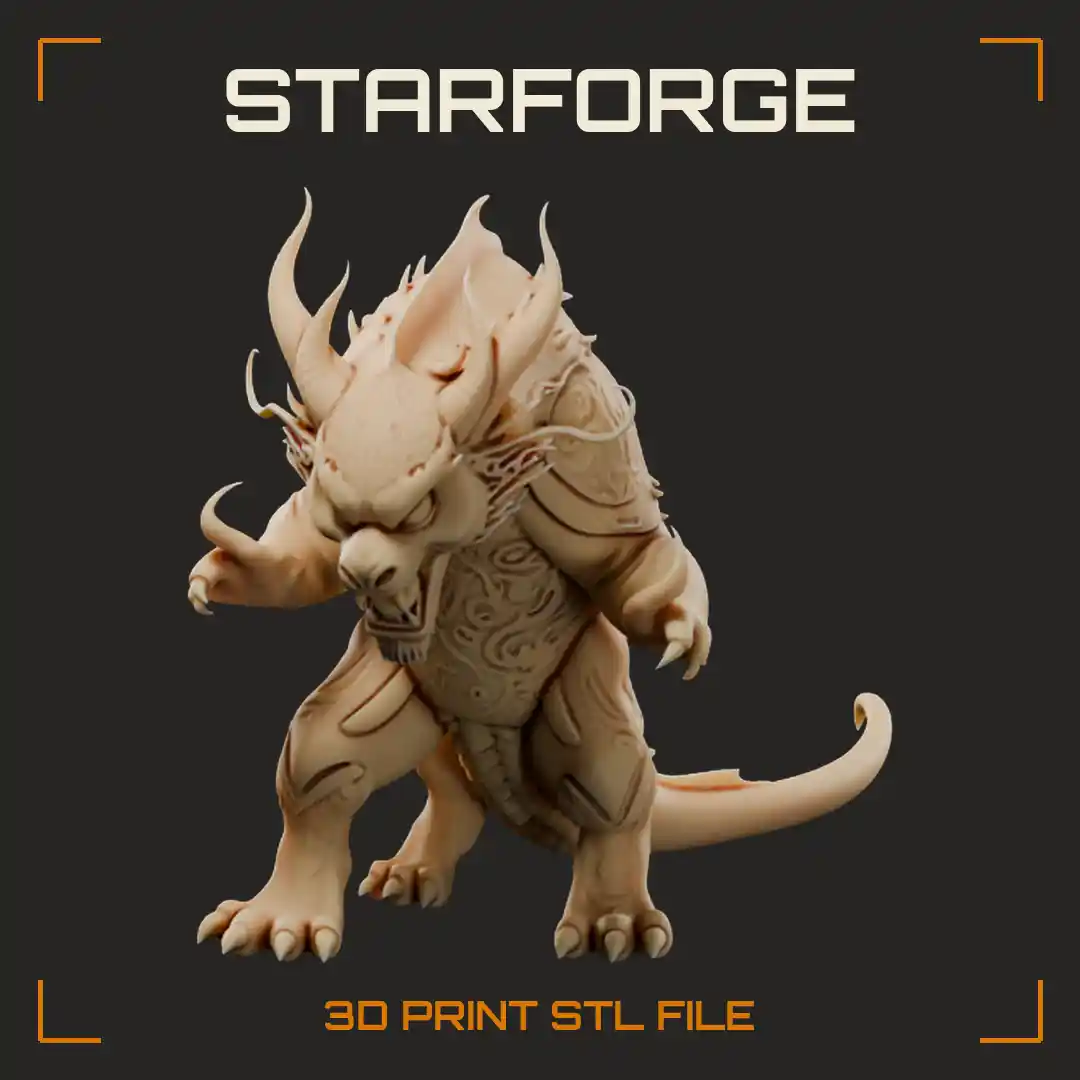 Horned Panda Demon with Ornate Swirl-Carved Armor Plates and Long Spiked Tail - 3D Printable STL File