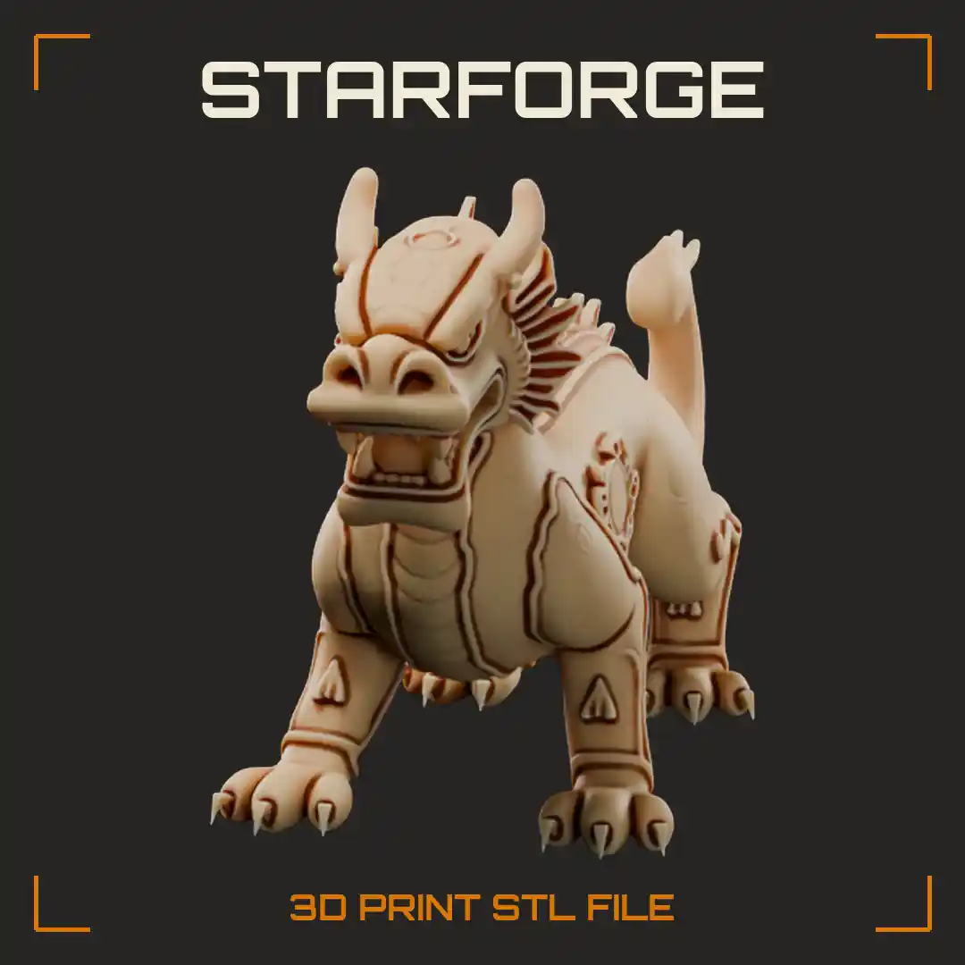 Horned Terracotta Guardian Beast with Spiked Mane Cloud Scroll Flanks and Curled Tail - 3D Printable STL File