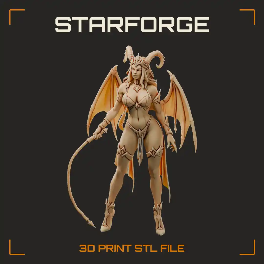 Horned Winged Succubus in Spiked Armor Gripping Barbed Whip Tail - 3D Printable STL File