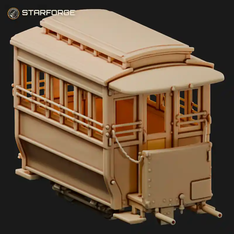 Horse Drawn Tram Car with Clerestory Roof End Platforms Rail Wheels and Side Windows