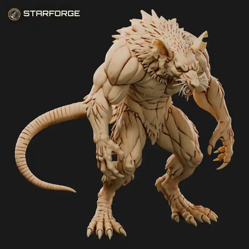Hulking Muscular Ratman with Spiked Back Fur Snarling Fangs and Long Ribbed Tail