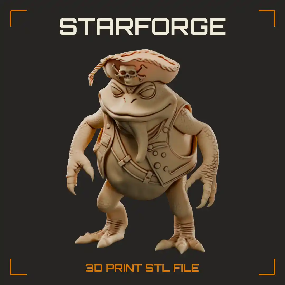 Hunched Bilge Toad with Skull Tricorn Hat Studded Vest and Drooping Tongue - 3D Printable STL File