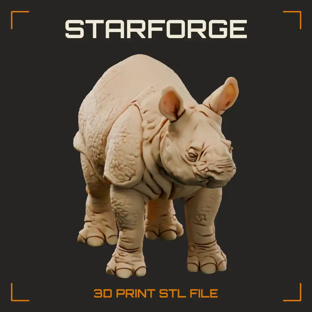 Indian Rhinoceros Calf Standing with Armor Plated Skin Folds Single Horn Nub and Thick Legs