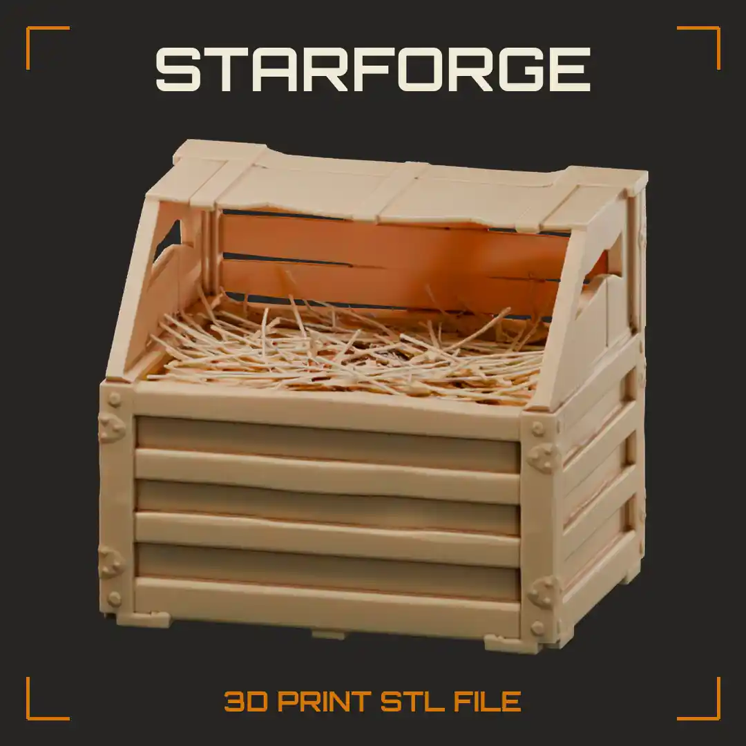 Iron-Banded Wooden Slat Crate with Open Straw-Filled Front and Riveted Corners