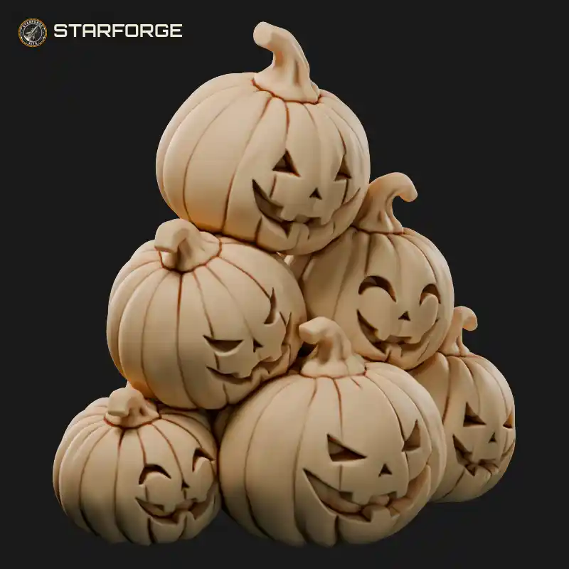 Jack O Lantern Pumpkin Pile With Carved Faces And Curling Vines