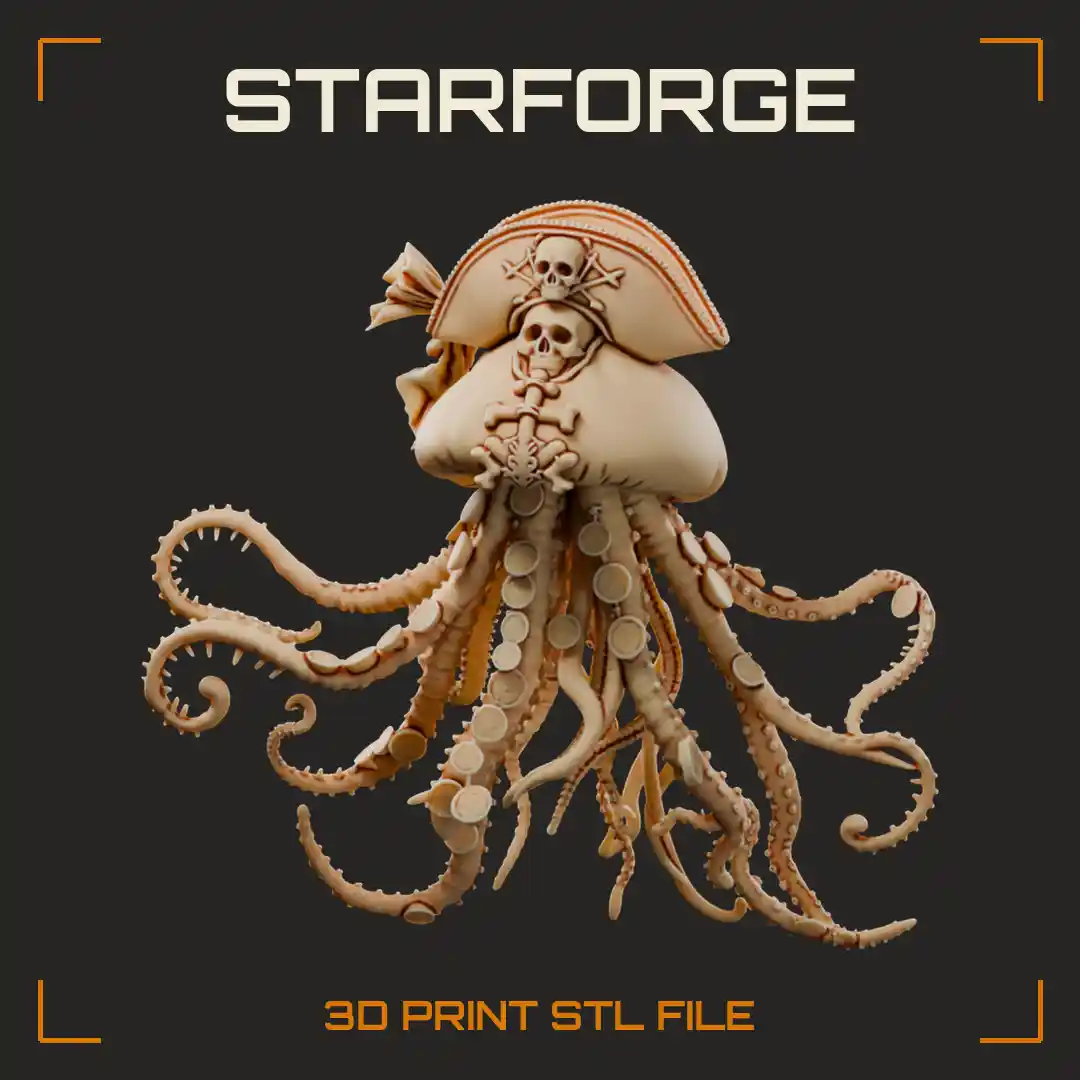 Jellyfish Monster in Skull-and-Crossbones Tricorn Hat with Coin-Studded Dangling Tentacles - 3D Printable STL File