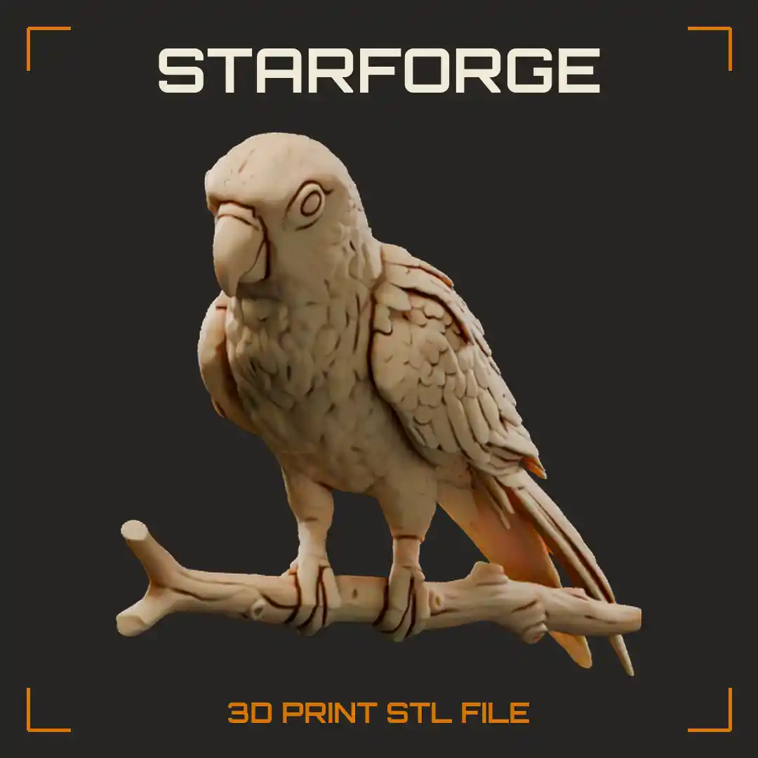 Jenday Conure Perched On Branch With Yellow Head Orange Belly Green Wings And Long Tail - 3D Printable STL File