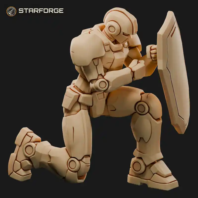 Kneeling Robot Model Mobile Suit With Raised Shield Rifle And Thruster Backpack